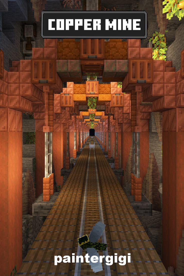 an image of a hallway in minecraft with the words copper mine painted on it