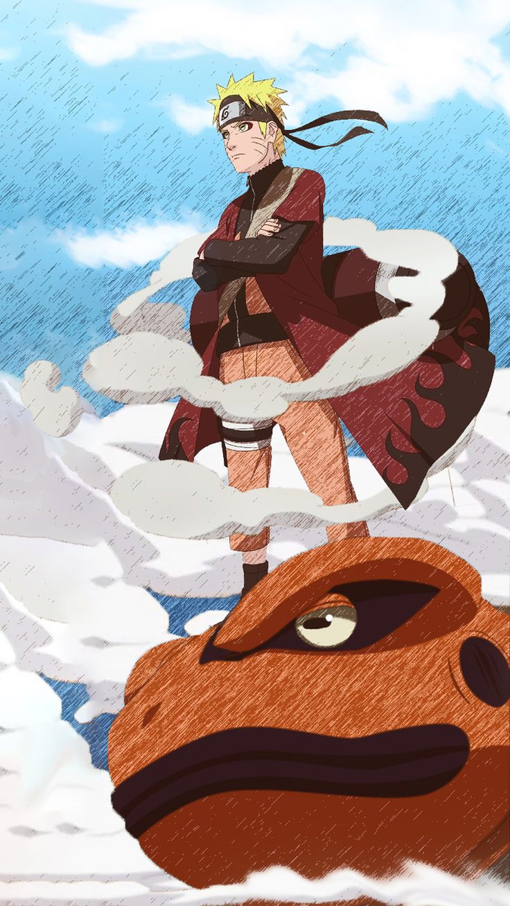 an anime character standing on top of a giant head in the snow with clouds behind him