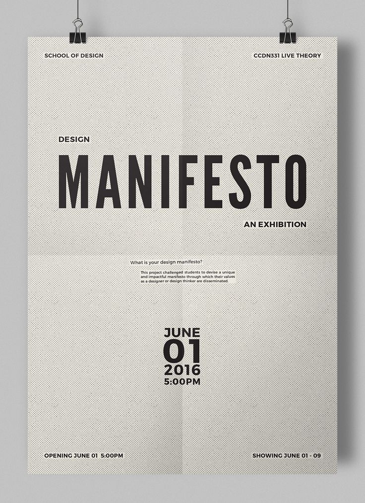 a poster with the words manfesto and an exhibition in black on white paper