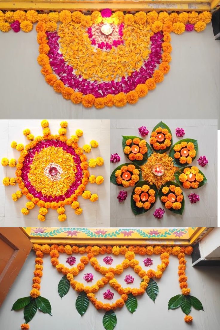 four different pictures of flowers arranged in the shape of a sun and flower petals on top of each other