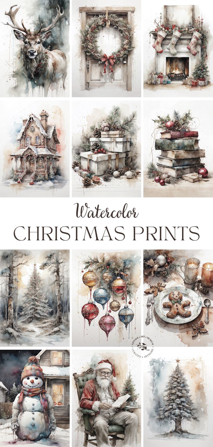 watercolor christmas prints with snowman, reindeer and other holiday items in the background