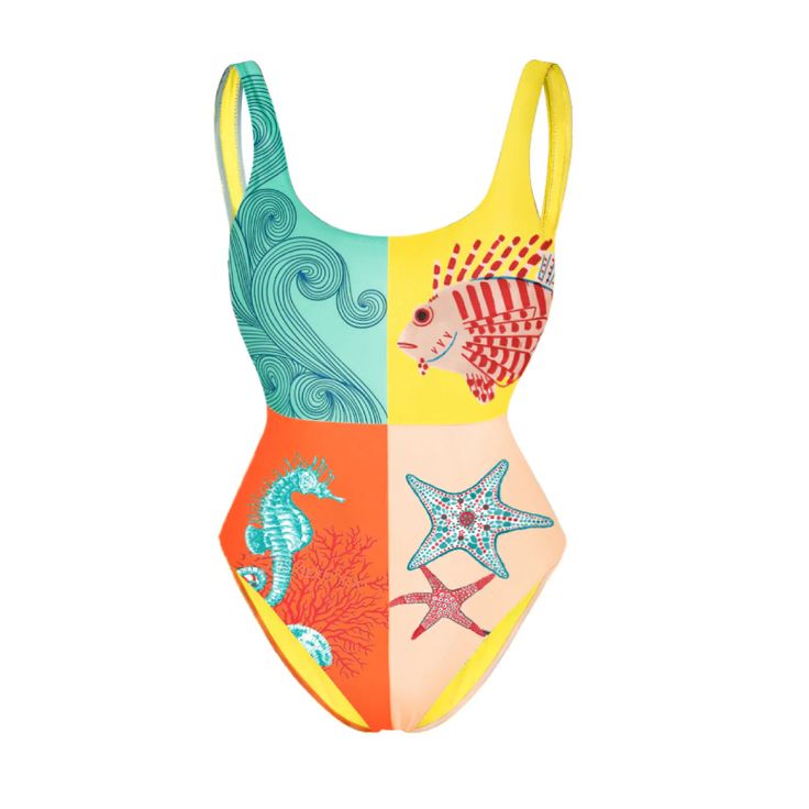 a women's one piece swimsuit with different colors and designs on the side