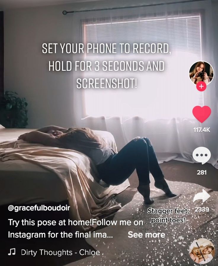 a woman laying on top of a bed next to a window with the caption set your phone to record hold for 3 seconds and screenshot