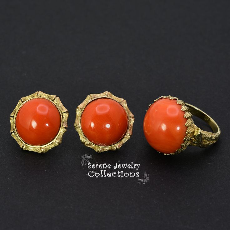 Red Coral cabochon vintage ring earring combination, set in 14k gold. Ring Information: Ring Size: 5.5 -Weight: 11.39 grams -Precious Metal: 14k yellow gold Precious stones: -Coral Center Stone: 21 carat, 19mm Earring Information: -0.7 inch long (stud style) -Total Weight: 12.06 grams -Precious Metal: 14k yellow gold Precious Stones: -Coral: 15.6mm, 15 carat (total) Round Fine Jewelry Rings With Matching Earrings, Classic Rings For Formal Occasions With Matching Earrings, Wedding Rings In Yellow Gold With Matching Earrings, Yellow Gold Wedding Rings With Matching Earrings, Fine Jewelry With Domed Cabochon, Domed Cabochon Fine Jewelry, Elegant Domed Collectible Jewelry, Turquoise Earrings Dangle, Stud Style