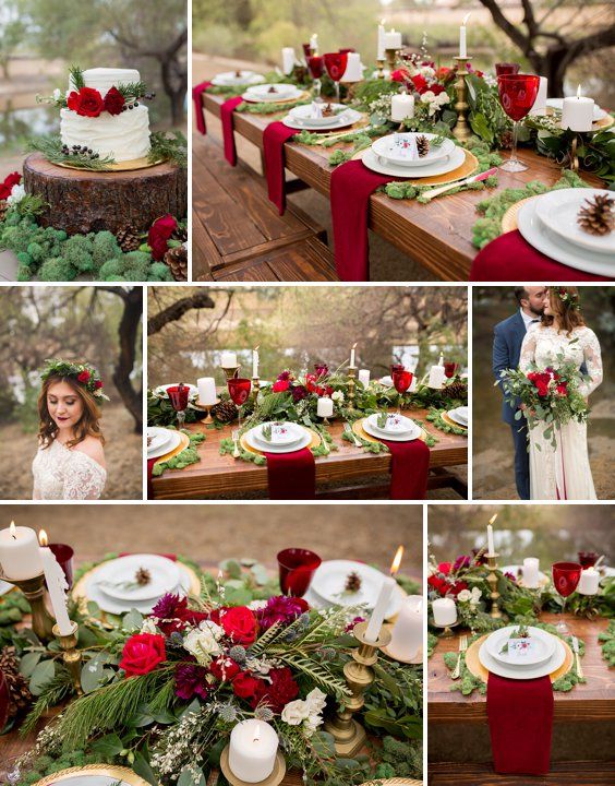 a collage of photos showing the details of a table setting with red and white flowers