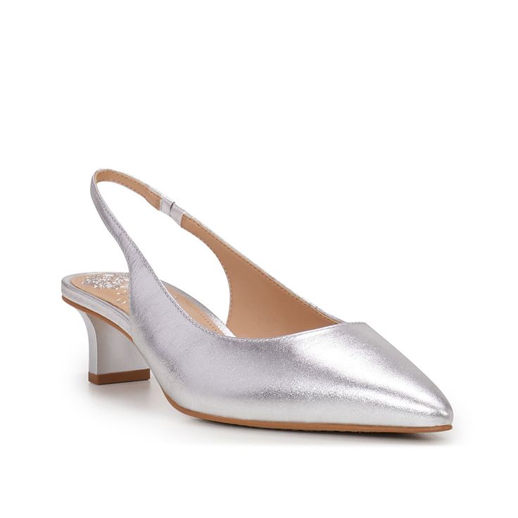 Vince Camuto-Pilar Pump Make a stunning entry in the Vince Camuto Pilar pump. The pointed-toe pump comes topped with a metallic finish that can make you gorgeous on any occasion. An elasticated slingback strap ensures a comfortable fit, while a matching kitten heel offers a subtle lift. Silver Slingback Pumps With Padded Heel For Evening, Metallic Heels With Padded Heel For Spring, Spring Metallic Low Heel Shoes, Sleek Silver Heels With Sculpted Heel, Glamorous Metallic Heels For Spring, Silver Slingback Pumps With 4-inch Heel For Evening, Chic Metallic Slingback Pumps For Formal Occasions, Formal Silver Slingback Pumps With Padded Heel, Chic Metallic Silver Heels With Heel Strap