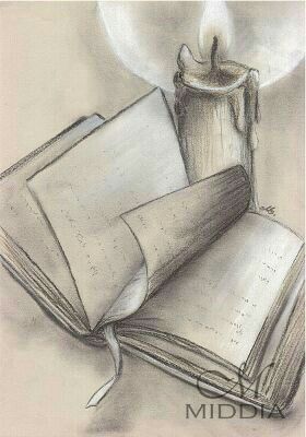 a pencil drawing of an open book next to a candle