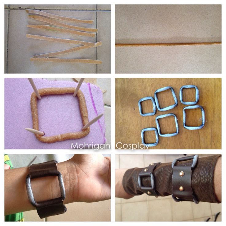 four different pictures showing the process of making leather bracelets and how to use them