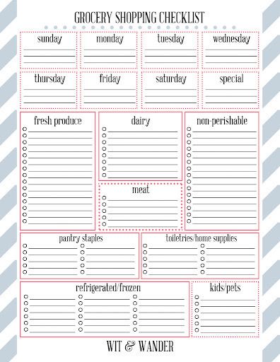 the grocery shopping checklist is shown in pink and gray with white stripes on it