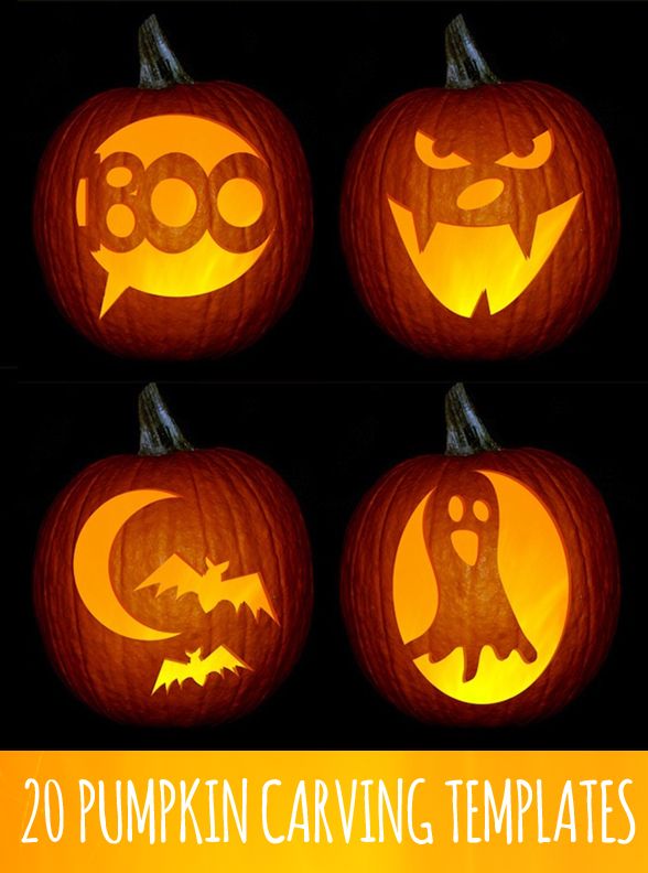 four carved pumpkins with the words boo on them