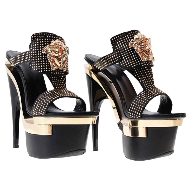 New Versace Triple Platform Studded Sandals Shoes Italian size - 40 ( US 10) Black leather sandals finished with gold-tone Medusa and metal studs. Heel height - 7 inches ( 18 CM ) , Gold-tone metal and black leather platform - 3 inches ( 7.5 cm ). Made in Italy. New with box. Attention for International Buyers!!! Custom fees are the buyer's responsibility! If we received the item back because the item wasn't delivered for non-payment of custom fees, then the refund due to the buyer for the item Versace Sandals, Outstanding Outfits, Versace Shoes, Zero Tolerance, Studded Sandals, Black Leather Sandals, Platform High Heels, Gorgeous Shoes, The Drama