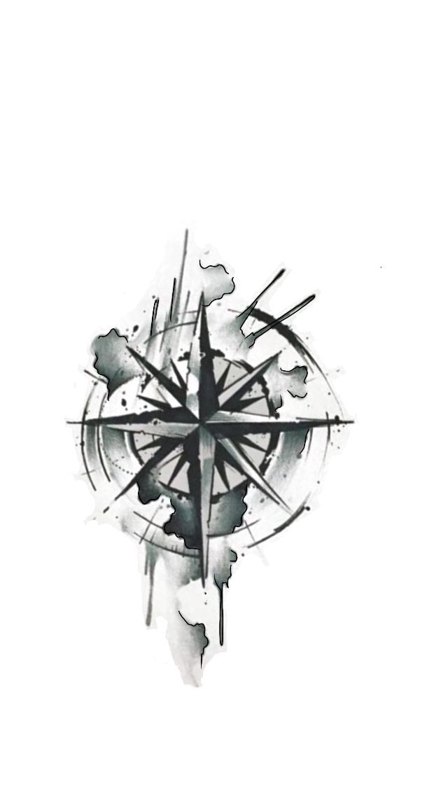 a black and white drawing of a compass on a white background with watercolor splashes