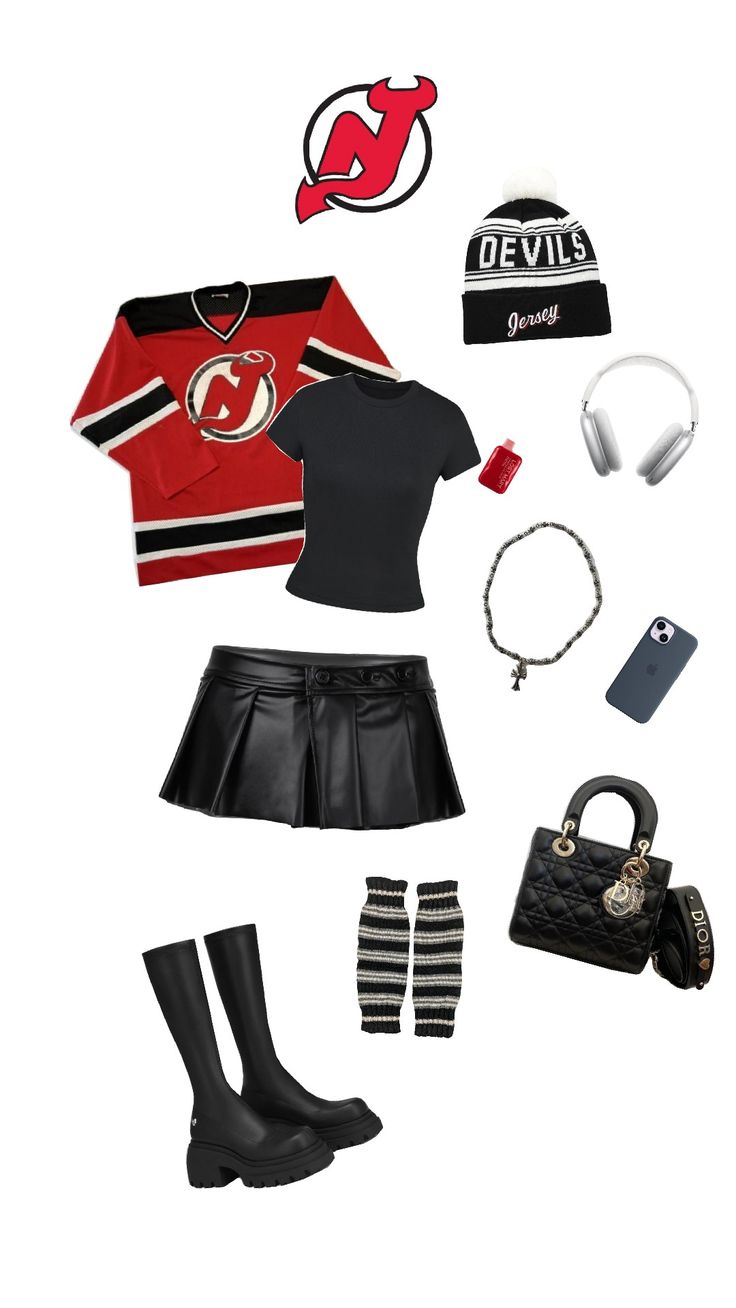 a woman's outfit and accessories are arranged in the shape of a hockey jersey