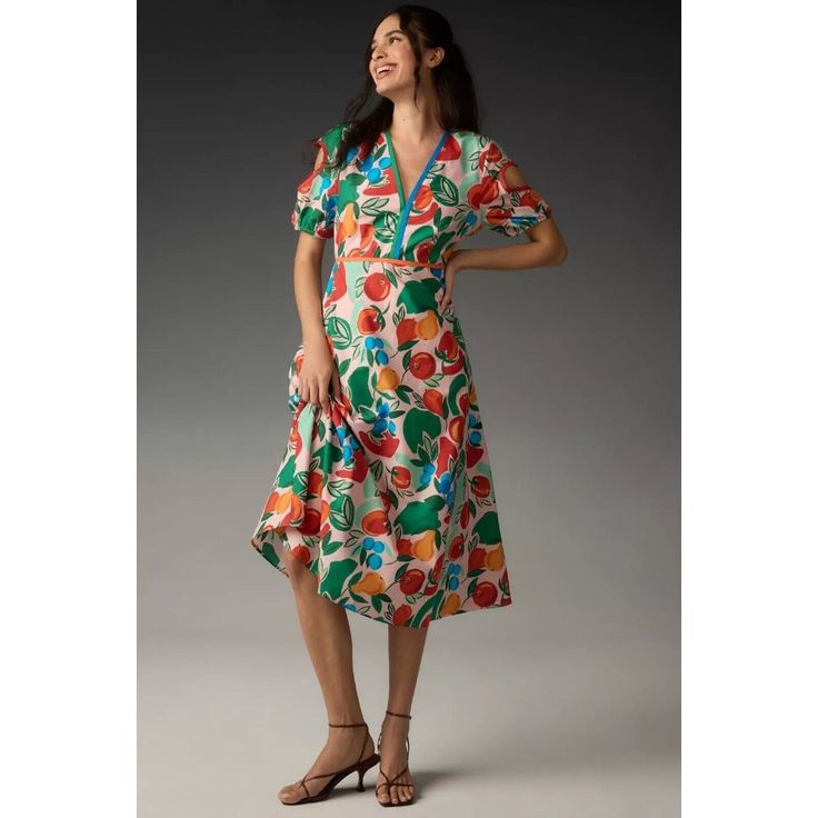 This Beautiful Anthropologie Dress Features A Vibrant Fruit Motif On A Multicolored Background. The Dress Has A Flattering V-Neckline And Short Sleeves, With A Side Zipper Closure For Easy Wear. It's Perfect For Any Occasion, Whether You're Traveling, Going To A Party, Or Just Dressing Casually. The Dress Is Made Of 100% Cotton Poplin, Making It Comfortable And Easy To Care For With Machine Washable Instructions. This Midi Dress Has A Fit And Flare Style, With Cut Out Features That Add A Touch Of Fun To The Design. It's A Great Addition To Any Wardrobe, And Perfect For The Summer And Spring Seasons. Made In Trkiye, This Dress Is A Must-Have For Any Fashion-Forward Woman. Please Check Mea Loose Shirt Dress, Cutout Midi Dress, Embroidered Midi Dress, New Farm, Rare Beauty, Fruit Print, Cute Heart, Pink Midi Dress, Cotton Viscose