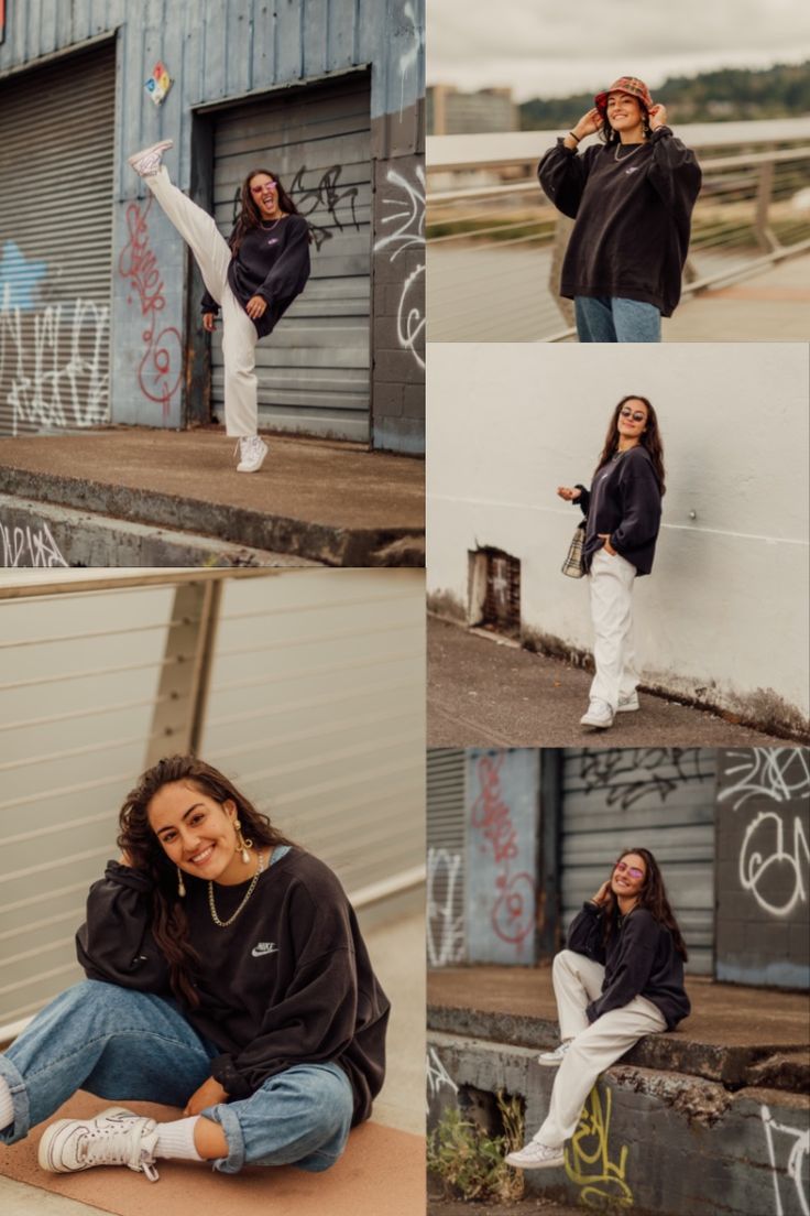 a woman sitting on the ground posing for pictures