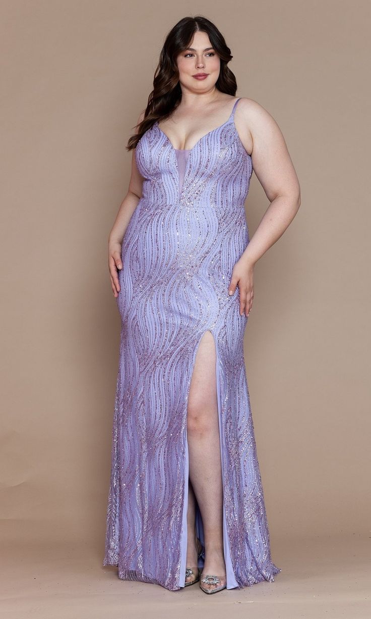 Celebrate your big night in this plus-size long v-neck prom dress that sparkles while showcasing the curves. So pretty for prom, galas, and military balls, this plus-size long formal dress has swirling glitter prints from the plunging v-neckline to the floor. The eye-catching plus evening gown has thin shoulder straps that lead to the lace-up corset detail that looks great with or without the modesty panel that is included. The hip-skimming long glitter-print skirt opens in a side slit before fl Tall Plus Size Women, Prom Dresses With Glitter, Pretty Plus Size Women, Winter Ball Dresses, Debutante Dresses, Glitter Prom Dress, Maternity Evening Dress, Petite Wedding Dress, Debutante Ball