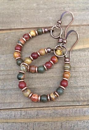 Bohemian Earrings, Boho Hoop Earrings, Colorful Earrings Boho Hoop Earrings, Earthy Jewelry, Small Hoop Earrings, Jasper Earrings, Tiffany Jewelry, Earrings Inspiration, Homemade Jewelry, Colorful Earrings, Bohemian Earrings