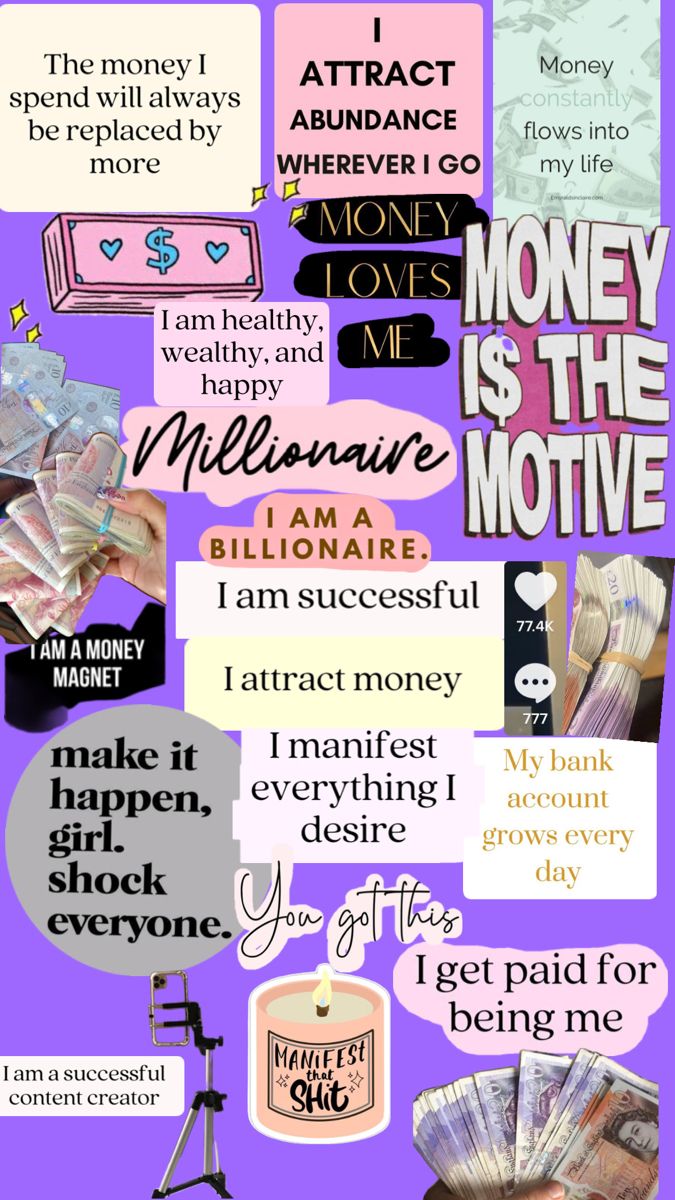 a collage of money and words on a purple background