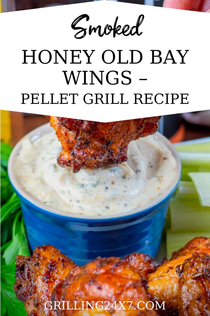 grilled honey old bay wings in a blue bowl with ranch dip