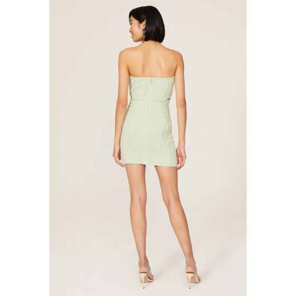 Green knit (74% Cotton, 25% Nylon, 1% Spandex). Sheath. Strapless. Sleeveless. Back zipper closure. 25" from bust to hemline. Imported. Spring Sleeveless Bodycon Dress With Fitted Bodice, Chic Spring Dresses With Invisible Zipper, Spring Mini Dress With Invisible Zipper For Date Night, Summer Dress With Fitted Bodice And Invisible Zipper, Chic Fitted Strapless Sleeveless Dress, Chic Sleeveless Lined Bodycon Dress, Summer Dress With Invisible Zipper For Night Out, Sleeveless Mini Dress With Invisible Zipper For Date Night, Fitted Sleeveless Mini Dress With Lining