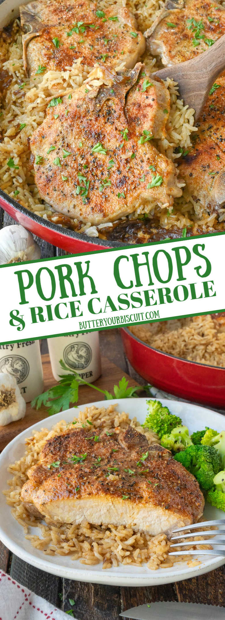 pork chops and rice casserole with broccoli on the side