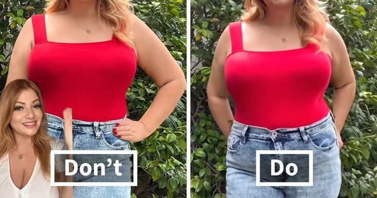 two women in red tops and jeans posing for the camera with their hands on their hips