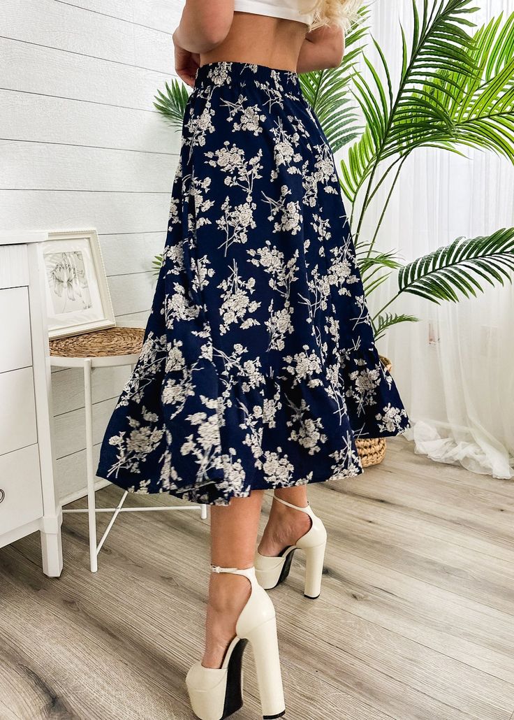 The Emes Shop skirt is detailed with vintage floral prints. Features a high waist. gartered waist. A-line silhouette. and below knee length. Pair it with a puff sleeve blouse and sandals for a classy look.MATERIAL:100% Soft Poly MEASUREMENTS:Dress Length is 31"-33"in Small | Waist: 26"-28"in Medium | Waist: 28"-30"in Large | Waist: 30"-32"in X Large | Waist: 32"-34"in MEASUREMENTS:Dress Length is 78"-83"in Small | Waist: 66"-71"cm Medium | Waist: 71"-76"cm Large | Waist: 76"-81"cm X Large | Waist: 81"-86"cm Midi Length Ruffled Skirt For Day Out, Midi-length Ruffled Skirt For Day Out, Floral Print Flowy Skirt For Day Out, Chic Floral Print Tiered Skirt, Vacation Ruffled Midi Skirt, Vacation Midi Ruffled Skirt, Floral Print Flared Skirt Bottoms For Summer, Casual Midi Length Floral Print Bottoms, Summer Midi Bottoms For Brunch