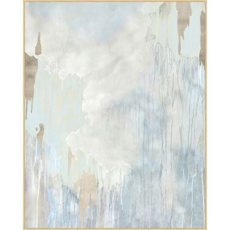 an abstract painting with white and blue colors on the wall, in front of a beige frame