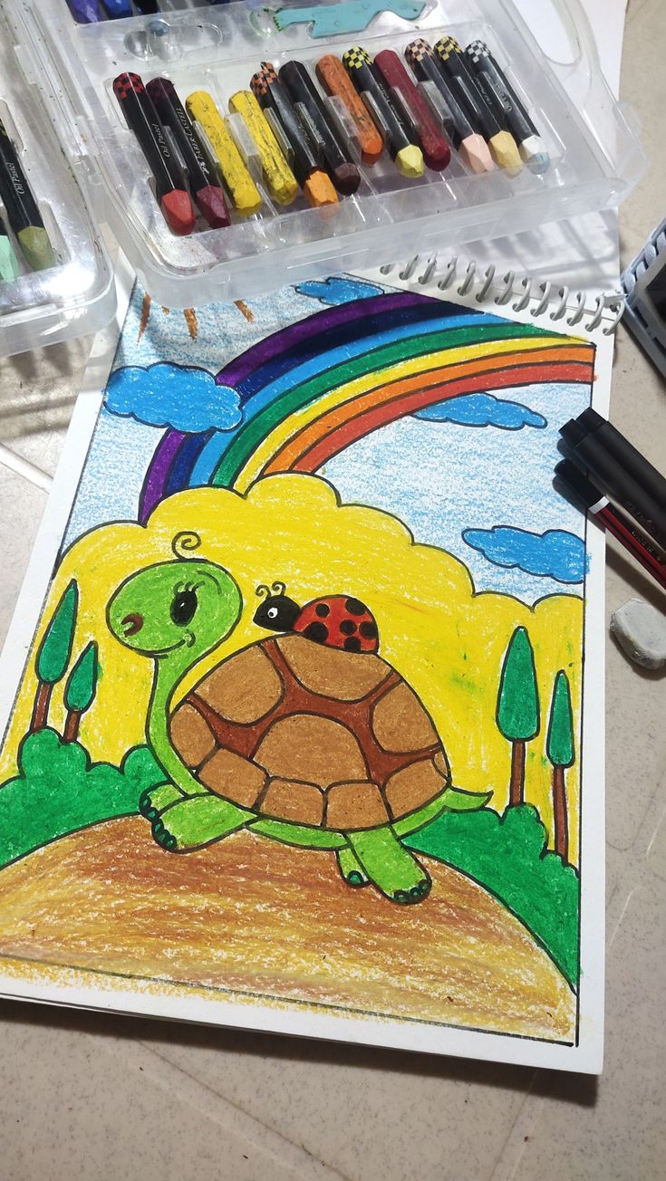 a drawing of a turtle with a rainbow in the background