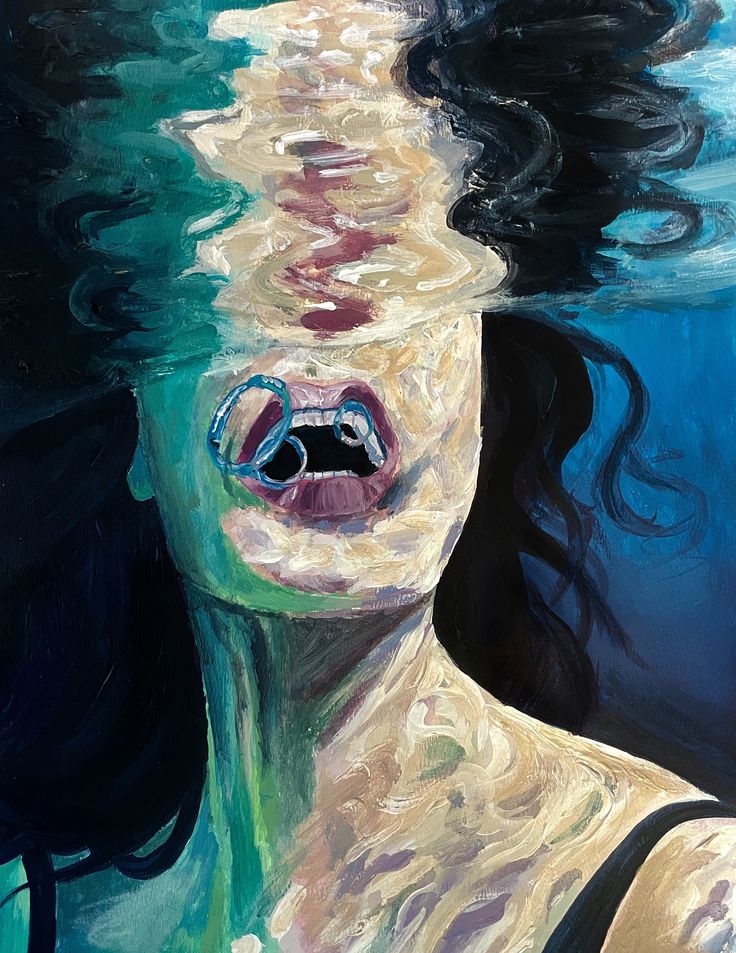 a painting of a woman floating in the water with her eyes closed and an open mouth