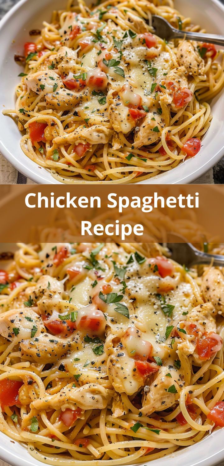 chicken spaghetti with tomatoes and parmesan cheese in a white bowl