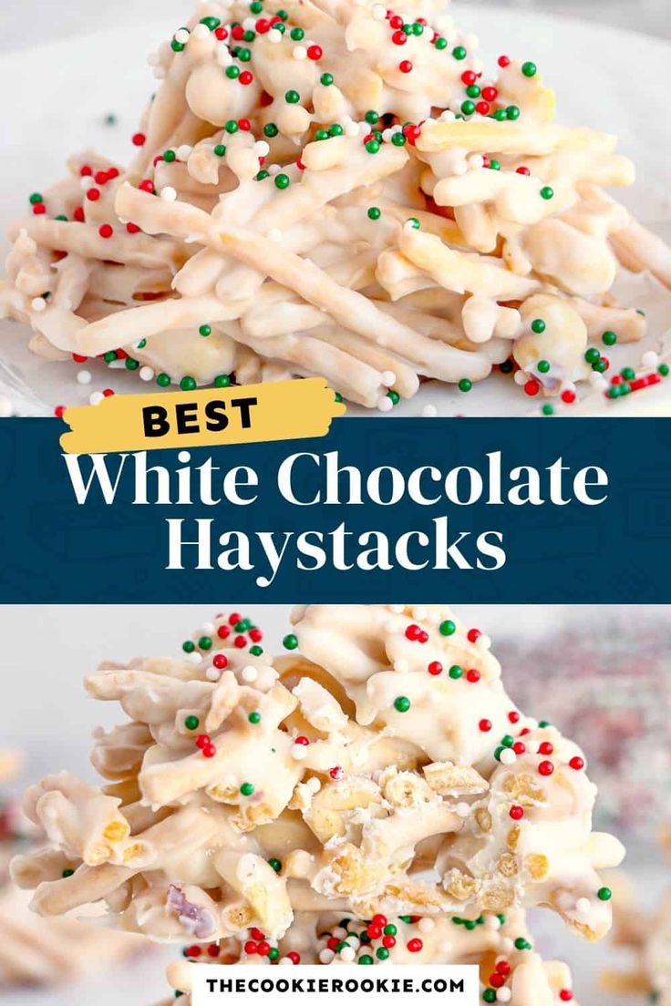 white chocolate haystacks with sprinkles in the middle and on top