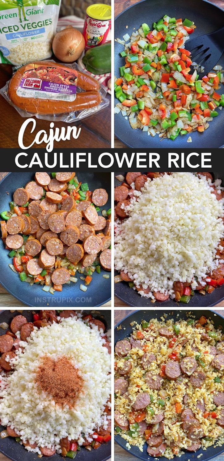 collage of pictures showing how to make cajun cauliflower rice with sausage