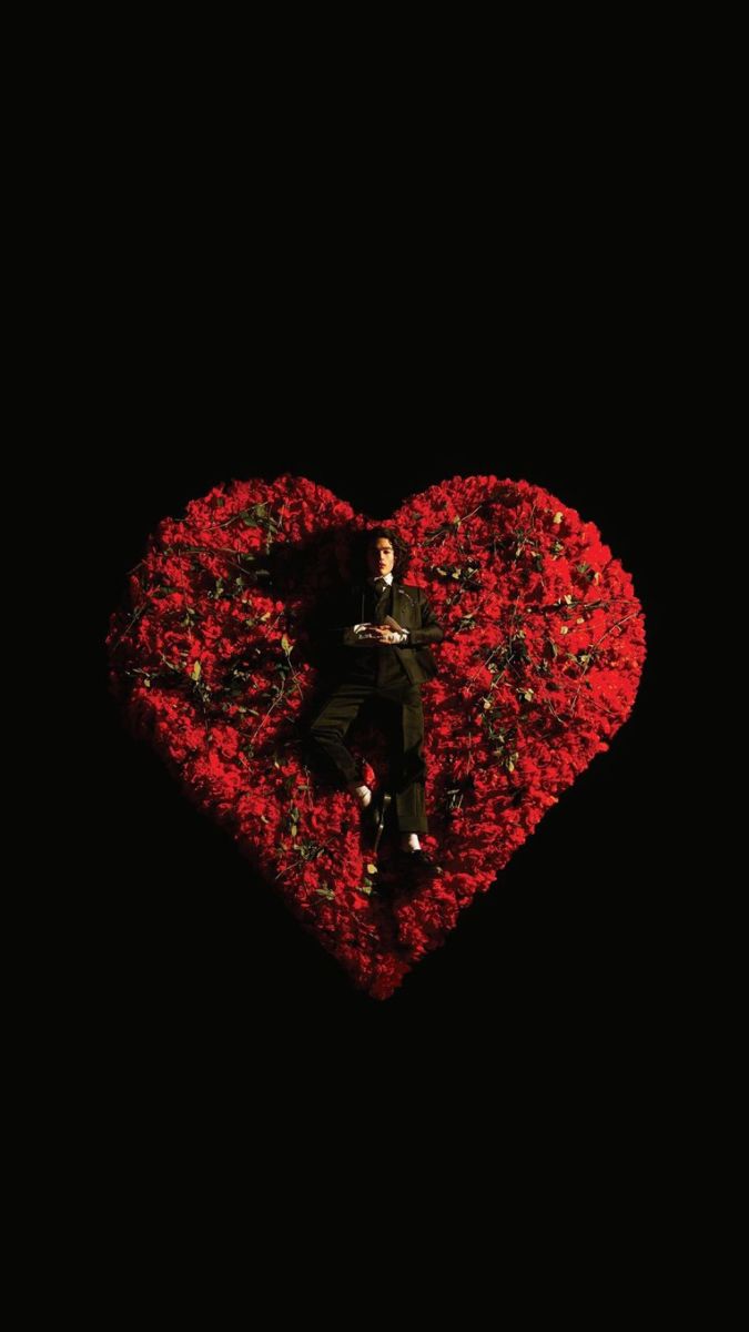 a man laying on top of a heart shaped bed of flowers in front of a black background