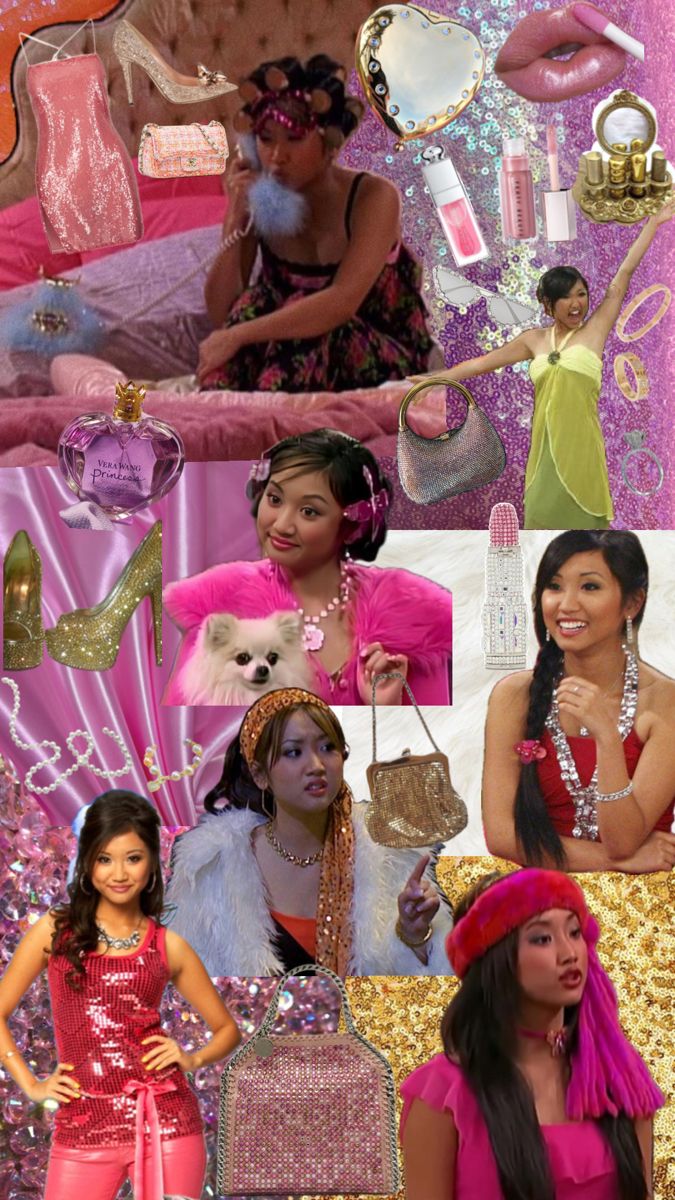 the collage shows many different women dressed in pink and gold outfits, including one woman with