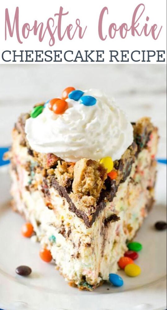 a slice of monster cookie cheesecake on a plate