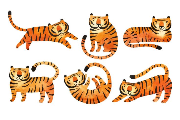 an image of tiger stickers on a white background in different positions and sizes, including one with its tail curled up while the other has it's eyes closed