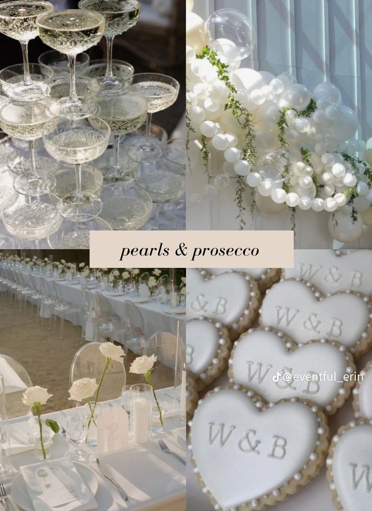 there are many different pictures of wine glasses and flowers on the table with white roses