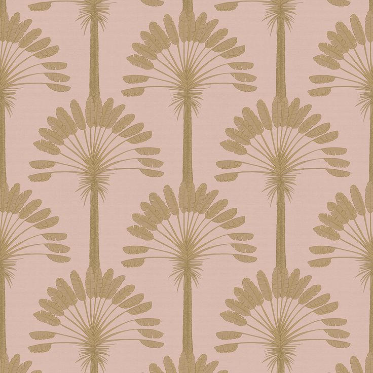 a pink and gold wallpaper with large leaves