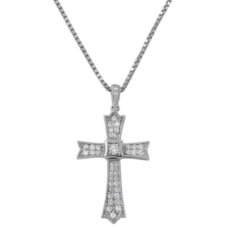 Diamond White Cross Necklace With Diamond Cut For Anniversary, Diamond Cut Cross Necklace In Diamond White For Anniversary, Cubic Zirconia Cross Necklace With Diamond Cut, Cross Necklace With Diamond Cut Cubic Zirconia, Classic Cubic Zirconia Cross Necklace As Gift, Formal White Gold Cross Necklace With Diamond Cut, Classic Cubic Zirconia Cross Necklace For Gift, Silver Classic Jewelry For Baptism, Classic Silver Jewelry For Baptism