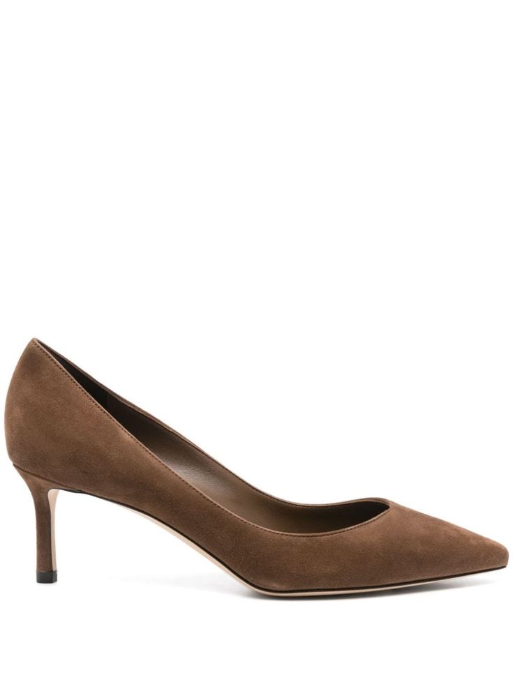 brown calf suede slip-on style mid cone heel pointed toe branded insole leather sole Classic Suede Kitten Heels With Pointed Toe, Suede Court Shoes With Pointed Toe And Branded Insole, Suede Court Shoes With Pointed Toe, Jimmy Choo Heels, Demi Fine Jewelry, Summer Beach Wear, Flat Boots, Suede Pumps, Ballet Flat Shoes