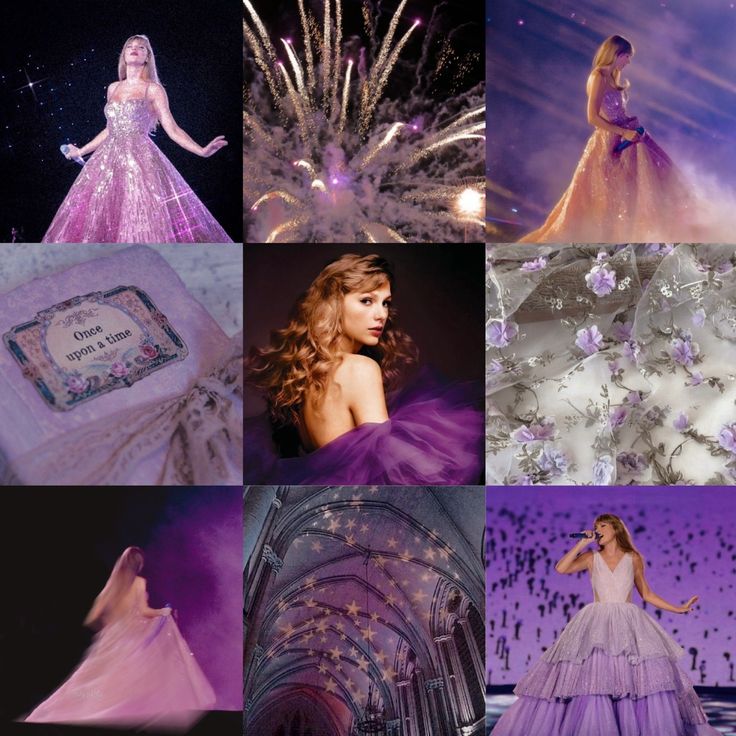 the collage shows many different images in pink and purple colors, including fireworks, dresses, and gowns