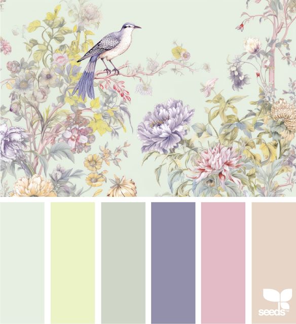 a bird sitting on top of a tree filled with flowers and leaves in pastel colors