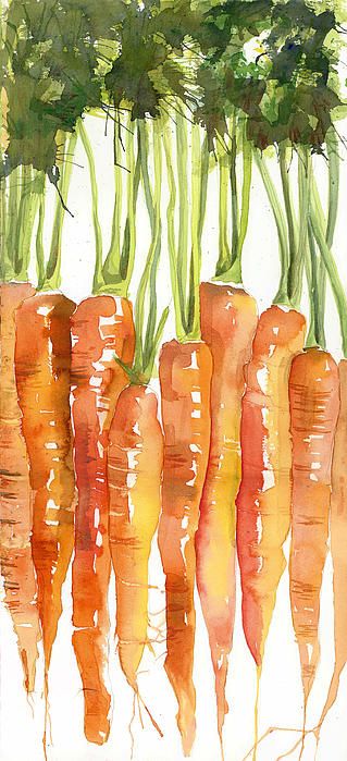 a painting of carrots with green tops and stems growing from the top to the bottom