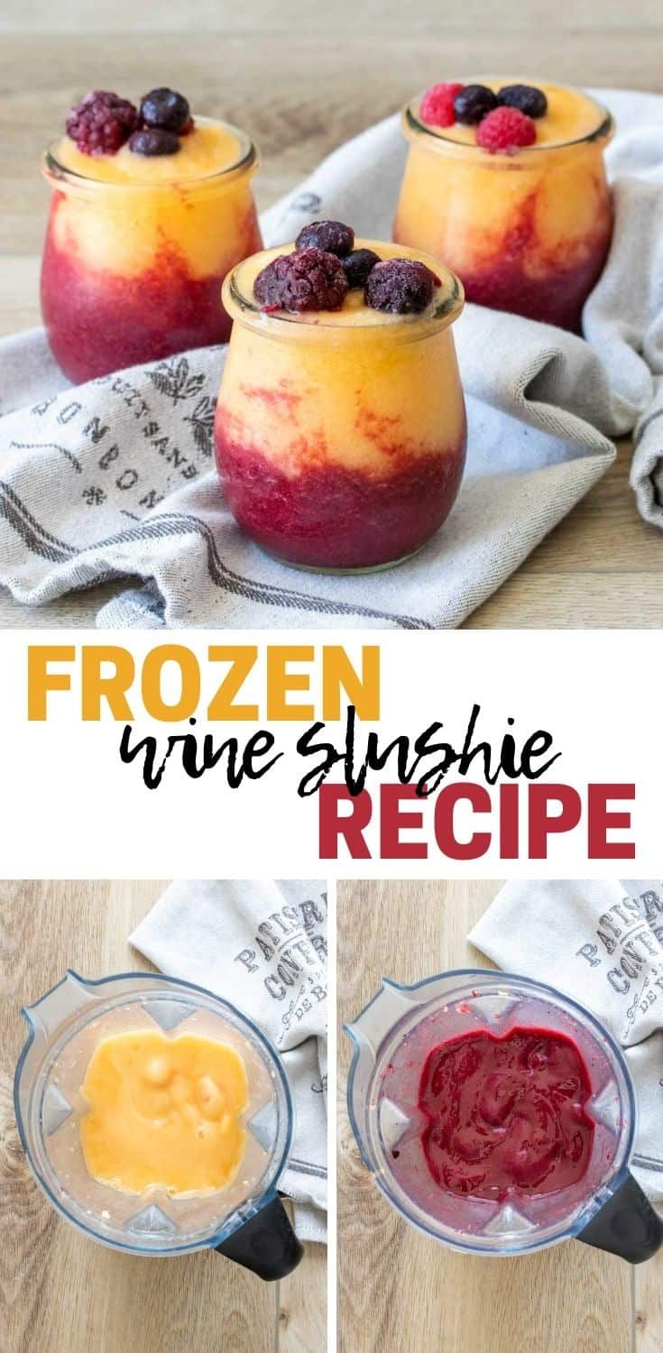 three different shots of frozen fruit in small glass dishes on a wooden table with text overlay