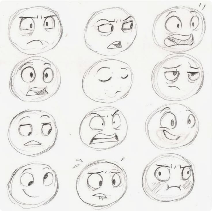 various expressions drawn in pencil on paper