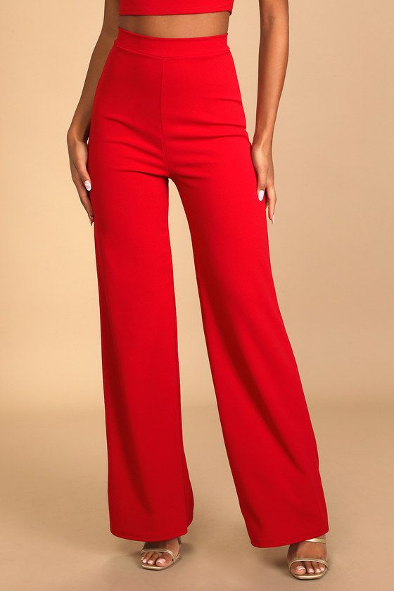 Spontaneous parties and nights out on the town call for the Lulus Only Tonight Red Two-Piece Wide-Leg Jumpsuit! This stretchy crepe knit jumpsuit is made of up a fitted crop top (with a square neckline and tank straps), and wide pant legs with a high-waisted fit. Hidden back zipper/clasp. Fit: This garment fits true to size. Length: Floor length. Size medium Inseam: 31.75 Front Rise: 11.75 Bust: Works best for A to C cup sizes - consider sizing up for fuller bust. Waist: Fitted - stretchy fabric Summer Party Jumpsuit With High-waisted Pants, High Waist Stretch Pantsuit For Party, Stretch High Waist Pantsuit For Party, Summer High-waisted Pantsuit For Party, Summer Party Pantsuit With High-waisted Pants, Stretch High-waist Pantsuit For Party, Fitted Pantsuit For Party, Full Length Solid Jumpsuit For Party, Full-length Jumpsuit For Party