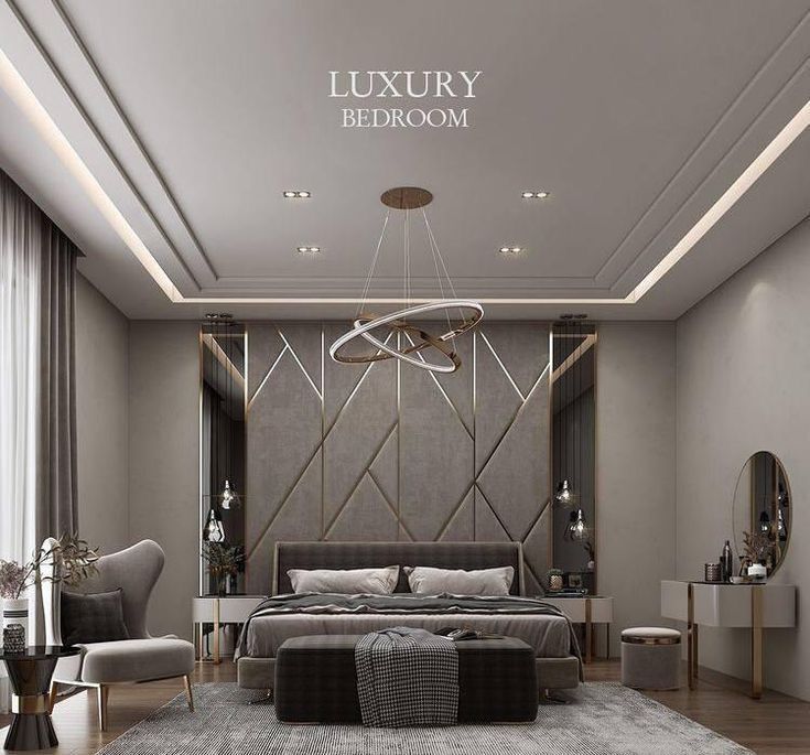 an elegant bedroom is shown in grey tones