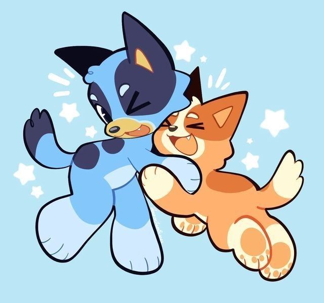 two cartoon cats playing with each other on a blue background, one is hugging the other