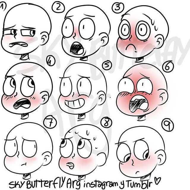 six cartoon faces with different expressions